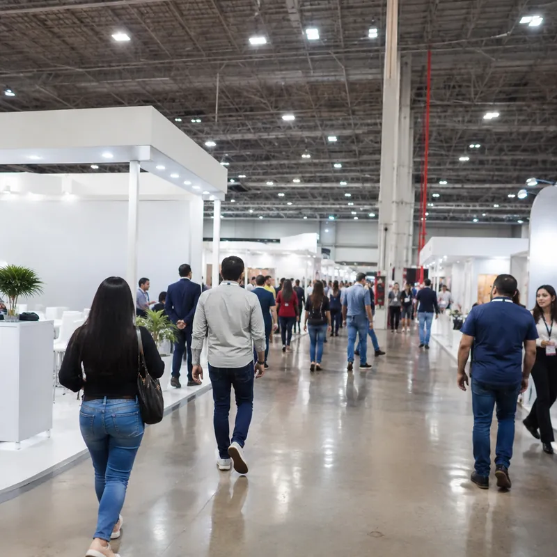 Visitantes circulando entre estandes em um pavilhão de feira