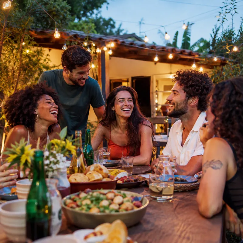 Amigos dançando em uma festa com luzes coloridas
